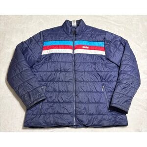 Vintage Wendys Puffer Jacket Mens Size XL Blue Retro Stripe Logo Full Zip Barco